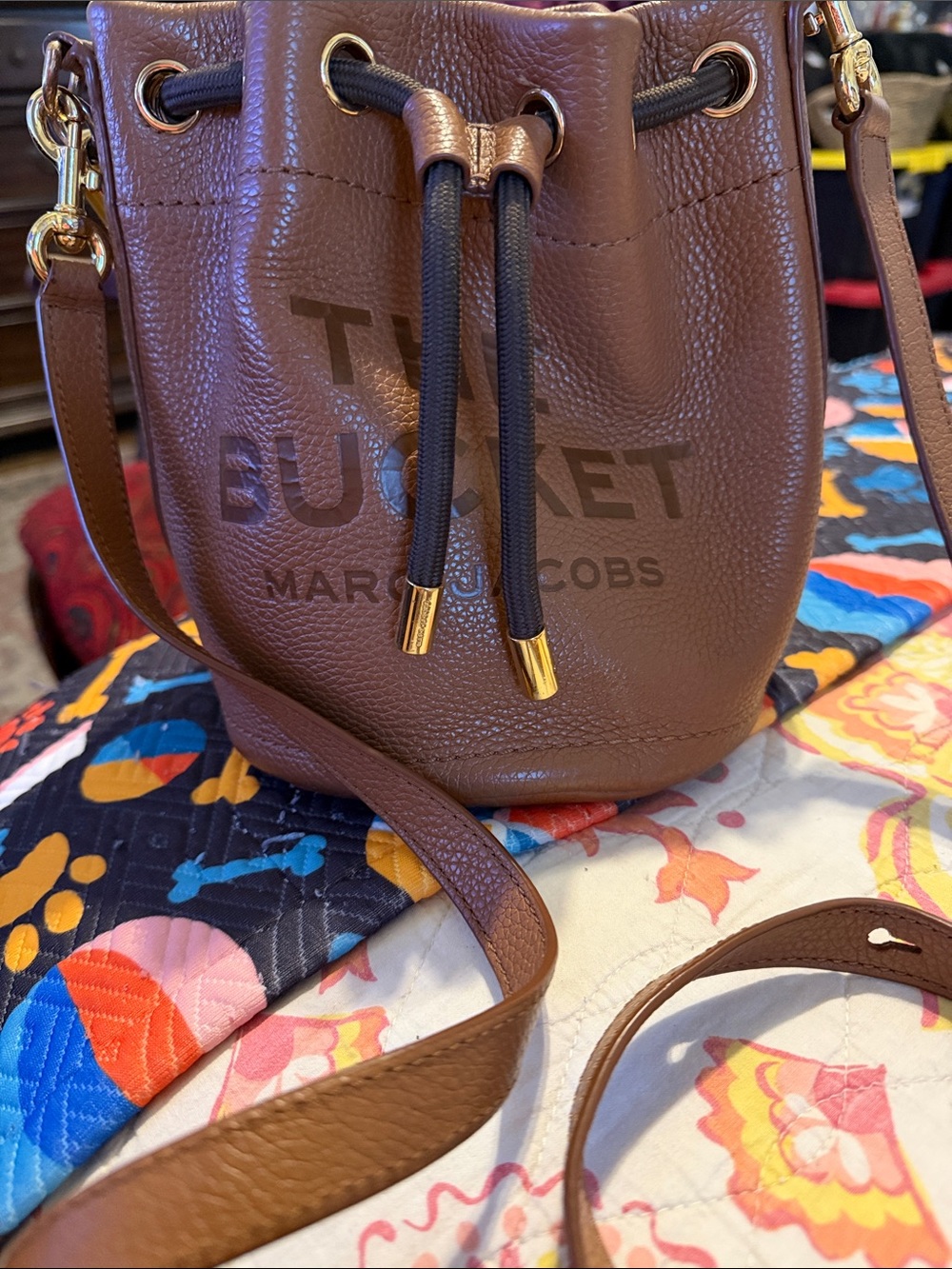 Marc Jacobs Brown Pebbled Leather Drawstring Bucket Crossbody